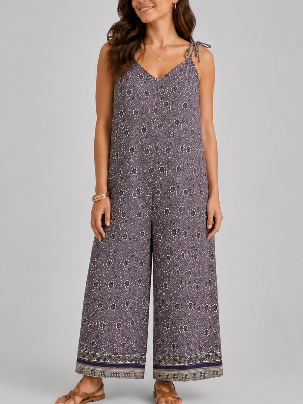 Bazaar Handmade Apparel 100% Silk Boho Wide Leg  Jumpsuit 6/8 M  Purple Floral